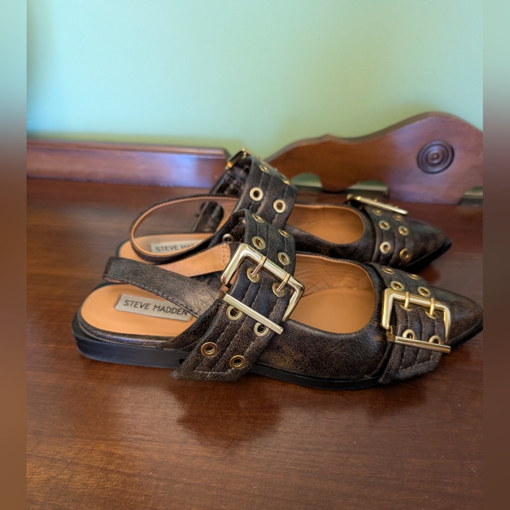 Steve Madden Graya Flats, Brown Distressed, Double Buckle - Picture 2 of 5